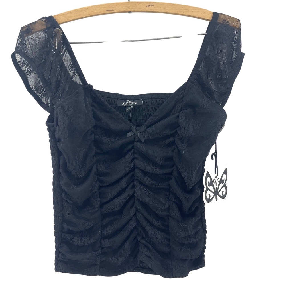 NWT Y2K Self Esteem Babydoll Top Womens M Black Lace Ruched Mesh Goth Euphoria